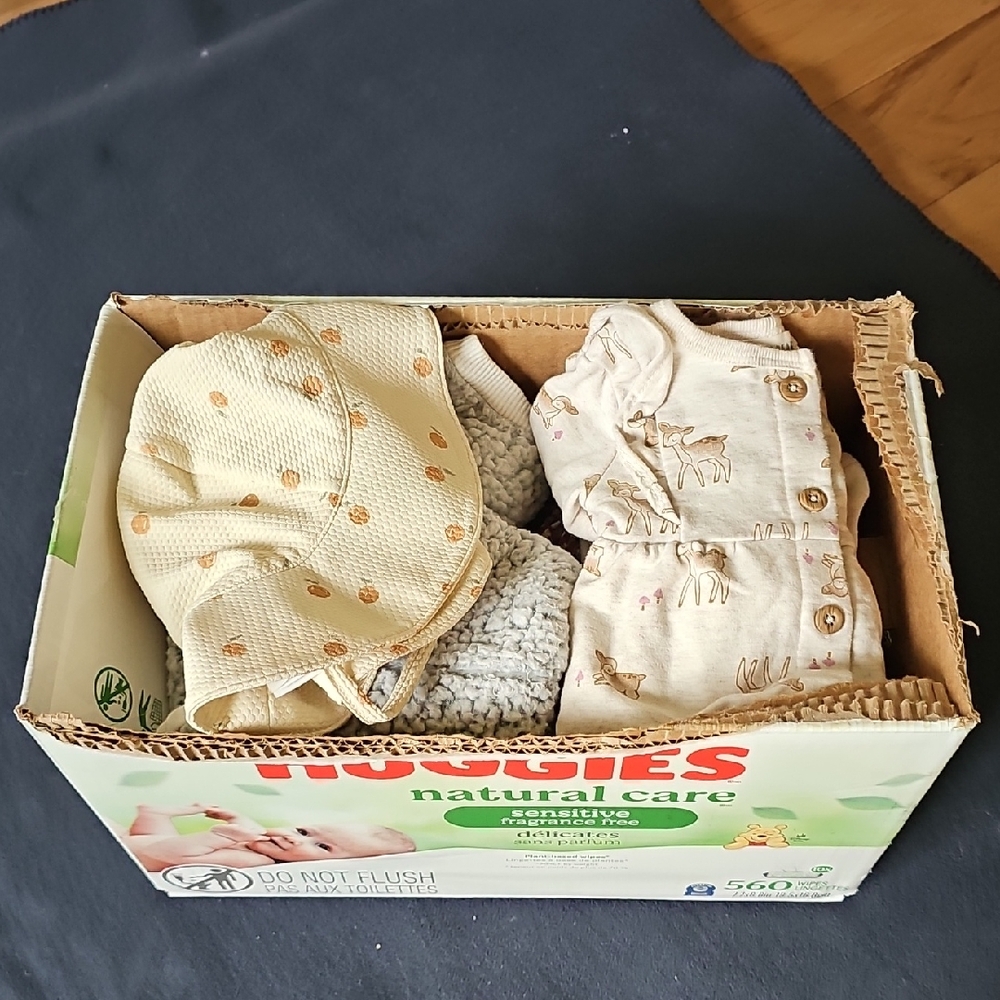 Assorted Baby Clothing with Bucket Hat, Multiple Sets, And Onsies, Sizing 0-6
